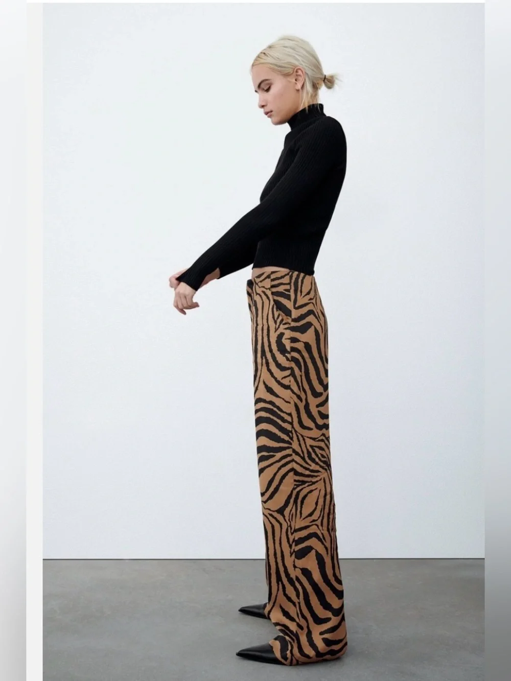 Zara High-Waist Zebra Print Wide-Leg Pants - Black & Brown - Picture 2 of 4